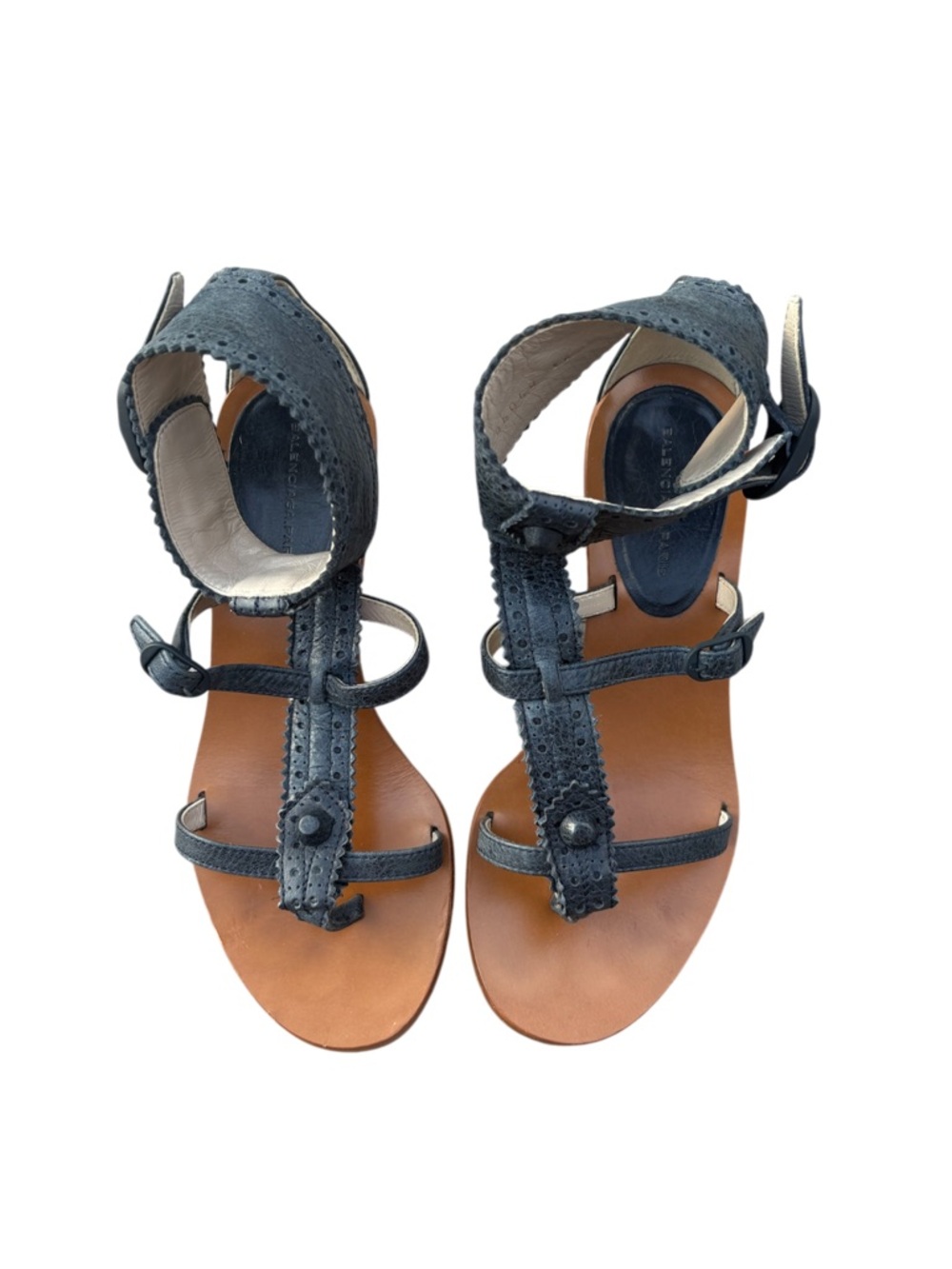 Balenciaga Tracy Brogue Wedge Sandals Navy Leather Perforated 2010s EU 36